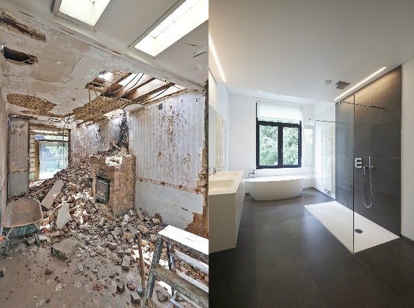 A before and after photo set shows a bathroom completely torn down next to the space after it has been renovated. 