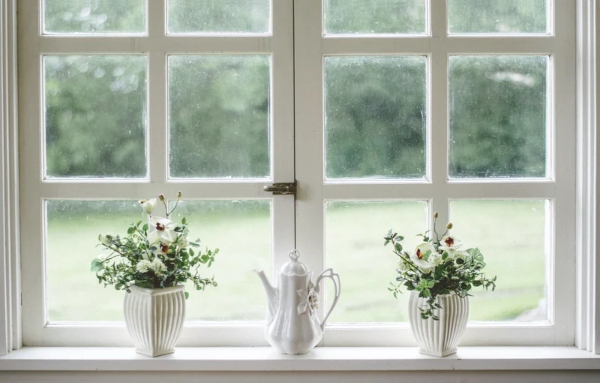Two cute plants and a pitcher stand on a sill in front of insulated windows.