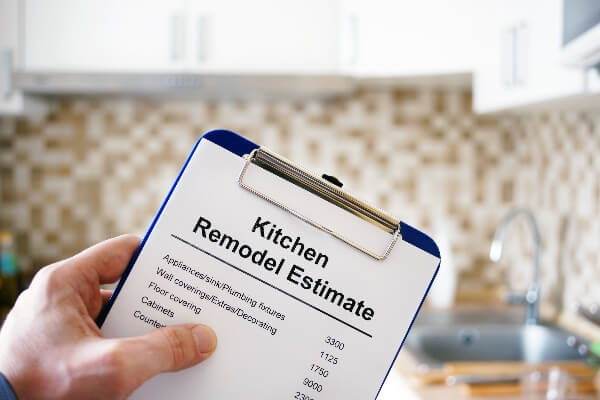 A contractor holds a paper on a clipboard detailing notes for a kitchen remodeling project timeline.